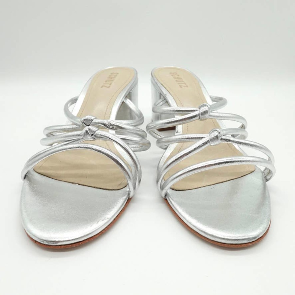SCHUTZ Princey Strappy Sandal Womens 8 Silver Knotted Block Heel Slide Slip On - Picture 2 of 12